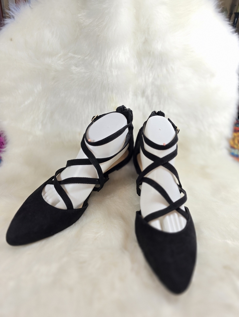 Lauren Conrad Glow Suede-look Black Pointed Toe Women's Strappy Flats
